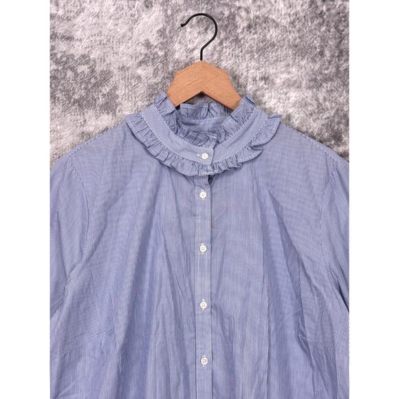New J Crew Top 2X Womens Blue Striped Ruffle Collar Button Down Shirt Blouse - Picture 2 of 9